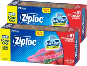Ziploc Gallon Food Storage Bags, Stay Open Design with Stand-Up Bottom, Easy to Fill, 162 Count
