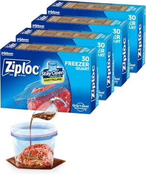 Ziploc Quart Food Storage Freezer Bags, New Stay Open Design with Stand-Up Bottom, Easy to Fill, 30 Count (Pack of 4)