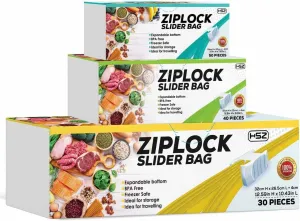 Ziplock Plastic Food Freezer Bag-Slider Lock Storage -Expandable Bottom- BPA Free LDPE Plastic- Easy to Close -Pack of 3 boxes(120 total bags)-with 3 Different Sizes and 3 Different Zipper Colors- HSZ