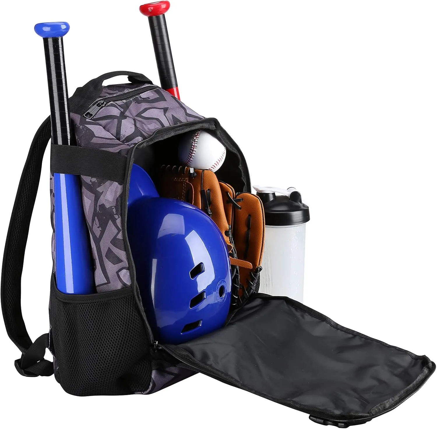 ZOEA Youth Baseball Bat Bag Backpack, T-Ball & Softball Equipment & Gear for Youth, Large Capacity Holds 2 Bats, Helmet, Gloves, Cleats, Helmet Holder and Includes Fence Hook