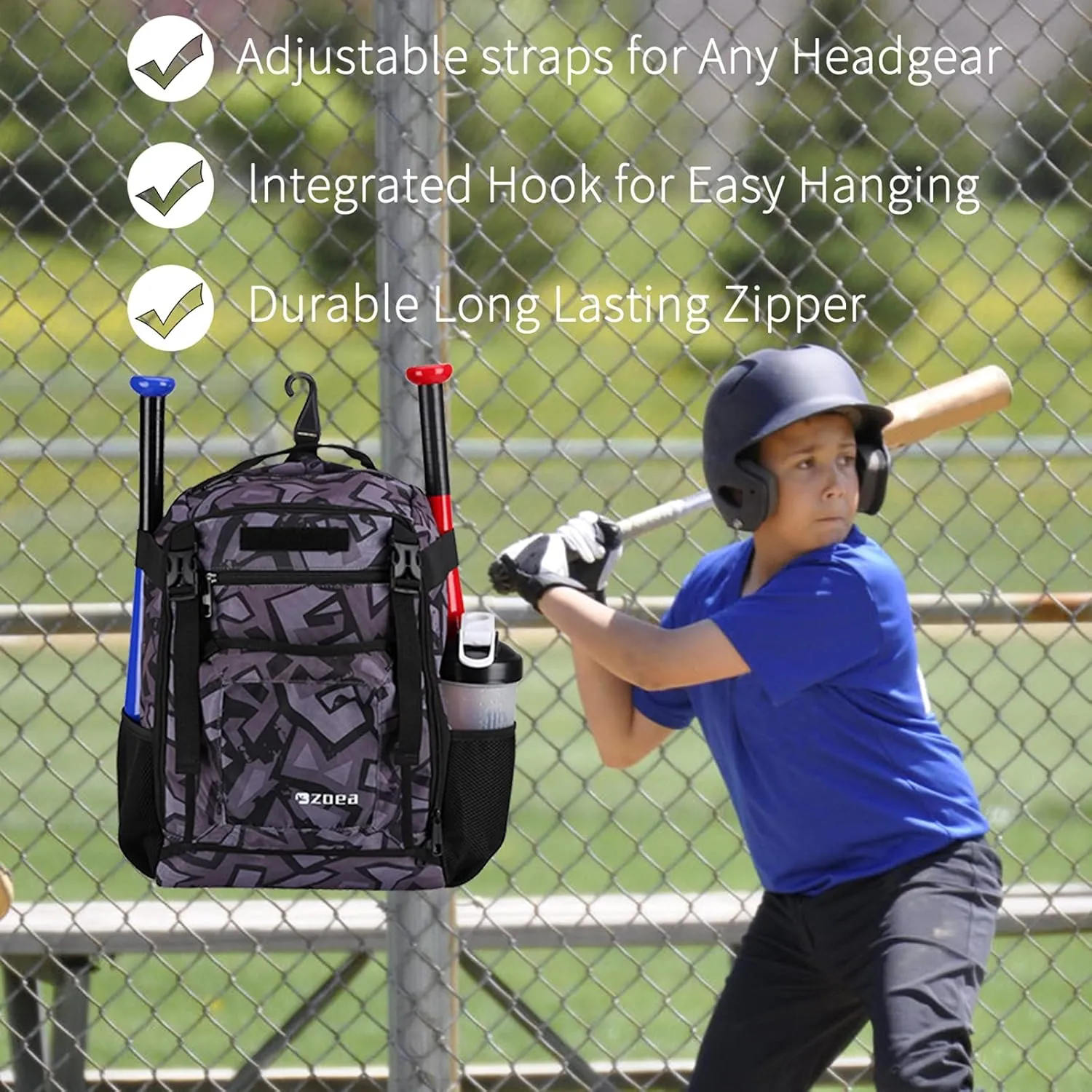 ZOEA Youth Baseball Bat Bag Backpack, T-Ball & Softball Equipment & Gear for Youth, Large Capacity Holds 2 Bats, Helmet, Gloves, Cleats, Helmet Holder and Includes Fence Hook